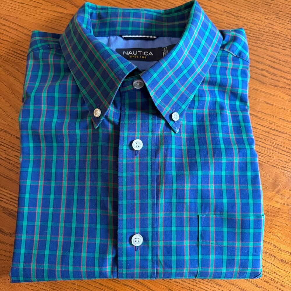 Nautica Shirt Mens L Green Plaid Classic Fit Long Sleeve Button Down NauticaFlex